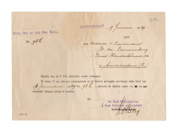 Pontonniersdocument 1e luitenant Leeuwenberg.