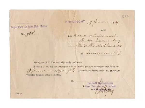Pontonniersdocument 1e luitenant Leeuwenberg.