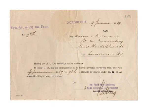 Pontonniersdocument 1e luitenant Leeuwenberg.