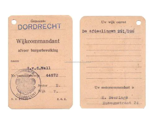 Document Wijkcommandant Afvoer Burger Bevolking Dordrecht